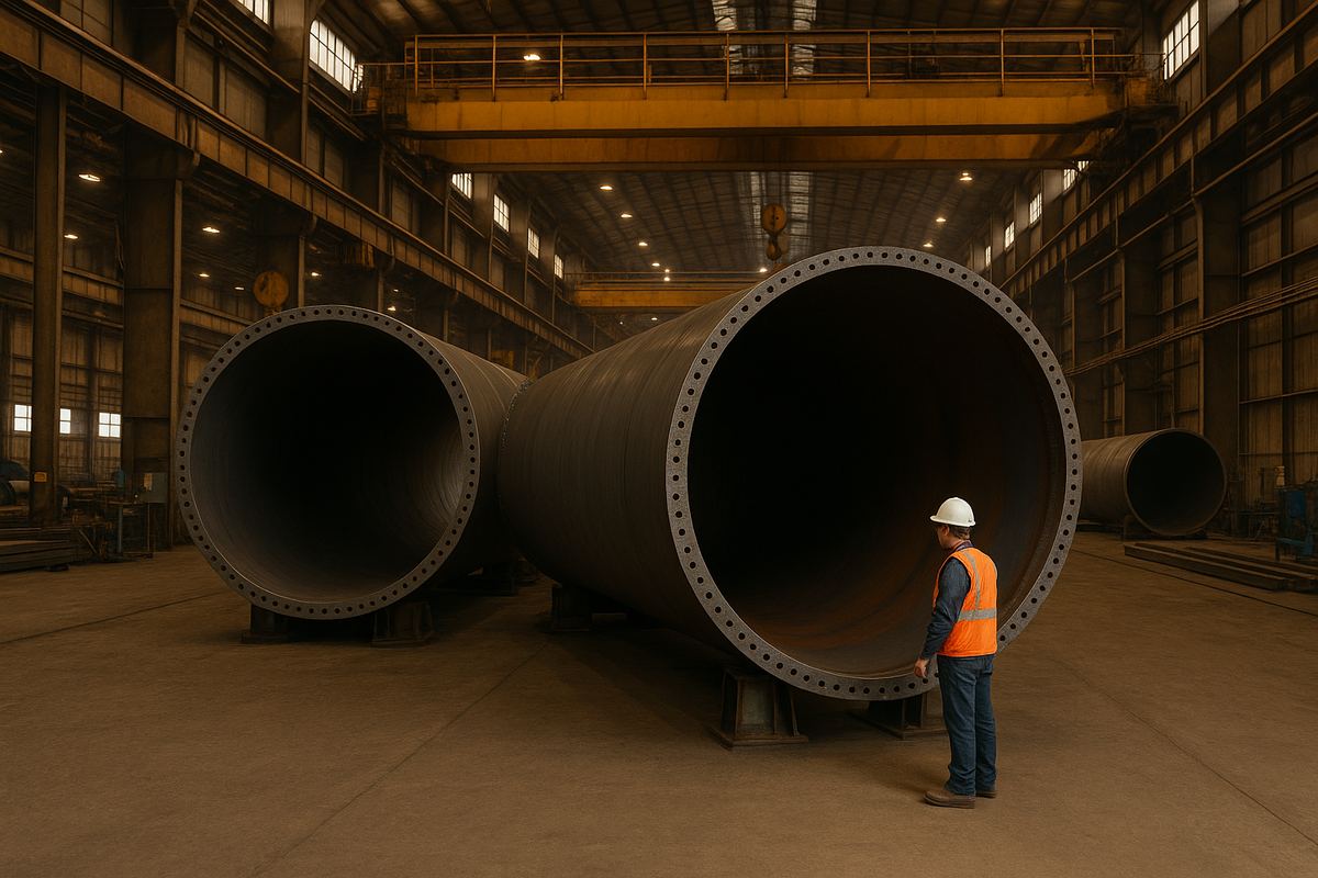 Worker operating wind turbine tower fabrication equipment at a manufacturing facility in Abilene, Texas