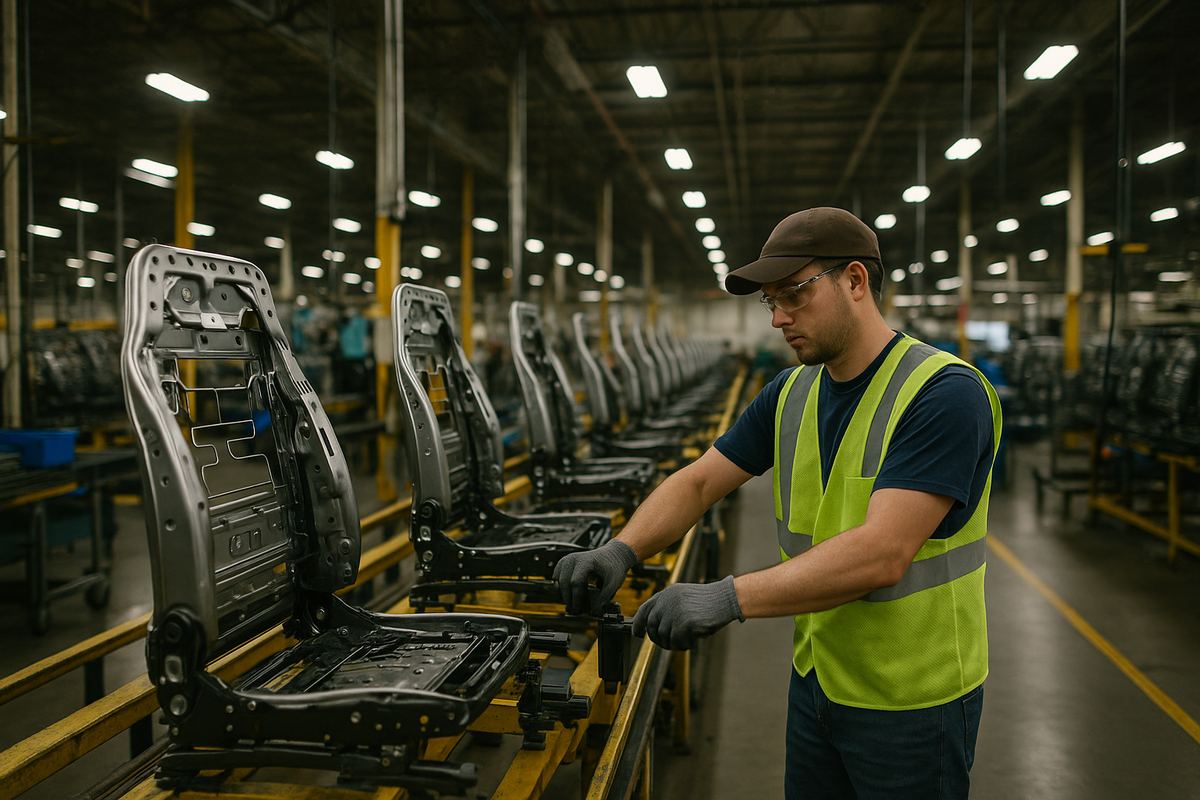 Worker assembling automotive seat systems at a manufacturing insurance facility in Athens, Alabama