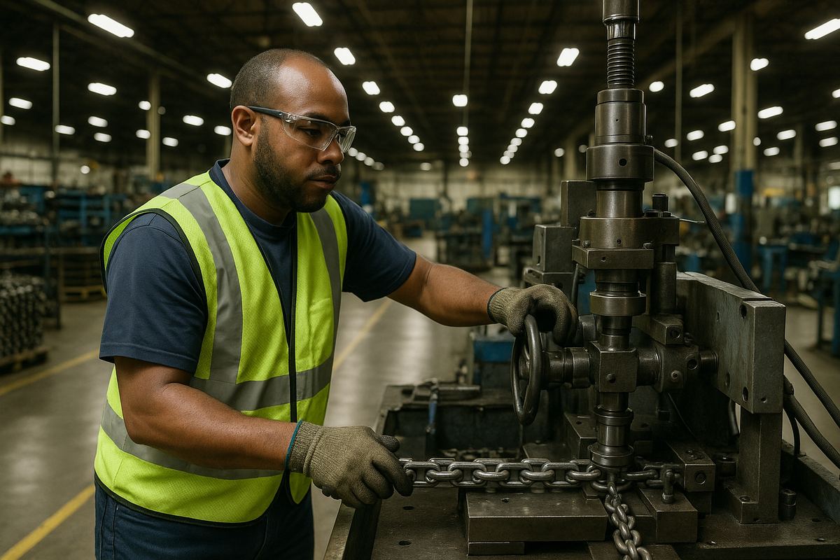 Worker operating mechanical component manufacturing equipment at a facility in Auburn, Alabama