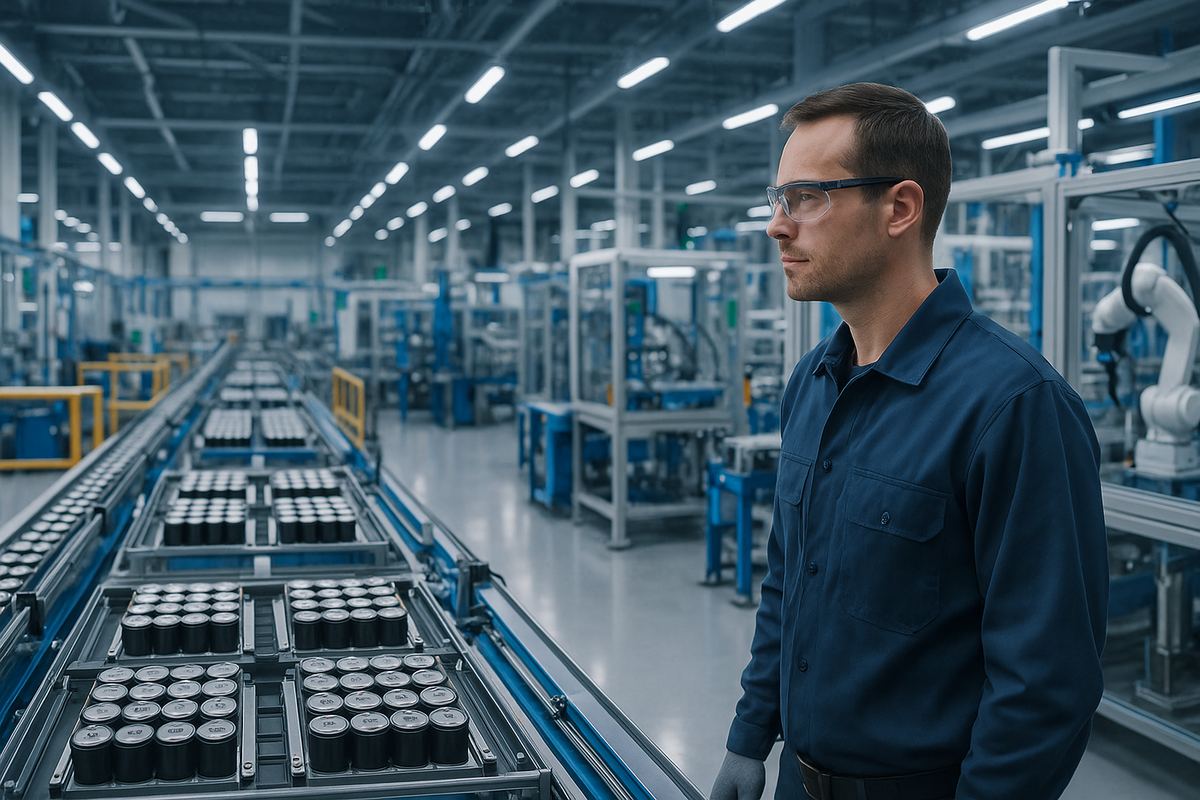 Worker operating electric vehicle battery manufacturing equipment at a Gigafactory in Austin, Texas