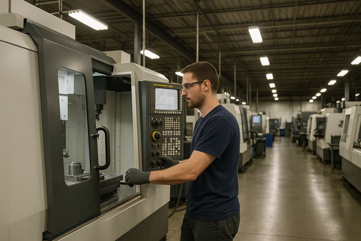 Worker operating precision machine tool equipment at a manufacturing insurance facility in Bensalem, Pennsylvania