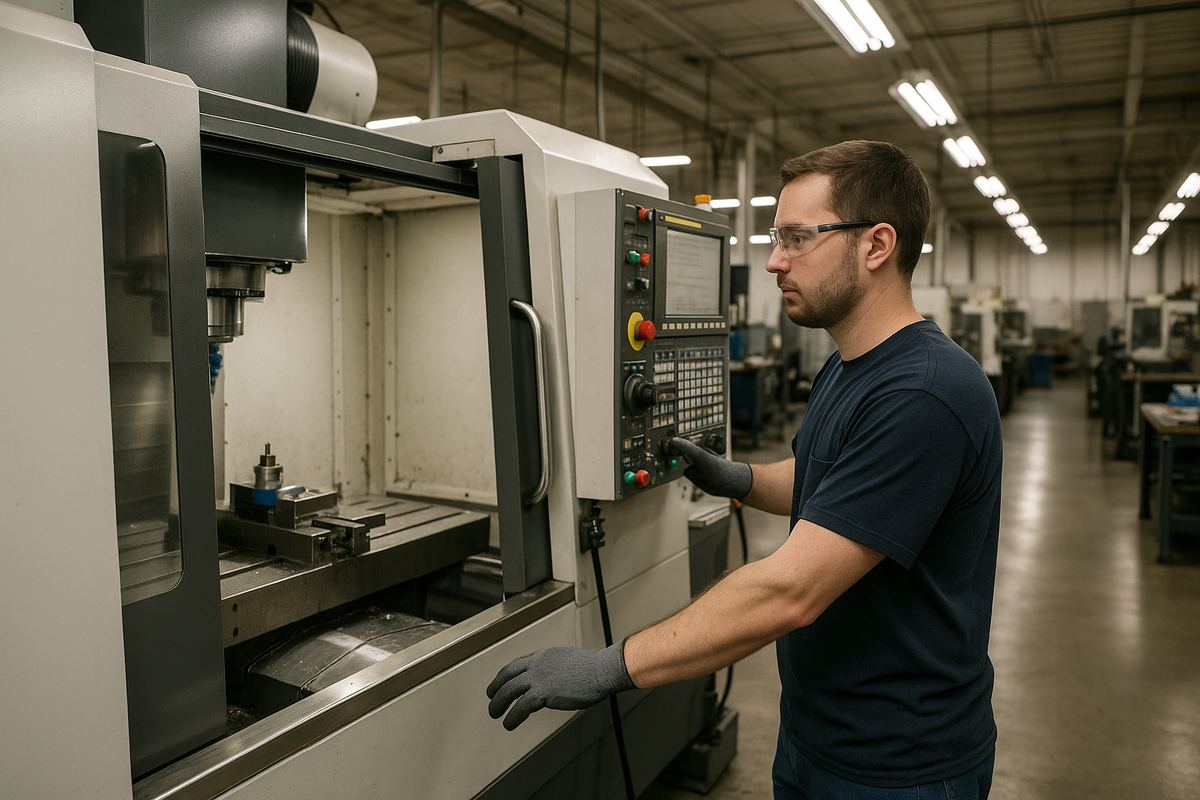 Worker operating a precision CNC machine tool at a manufacturing insurance facility in Bethel Park, Pennsylvania
