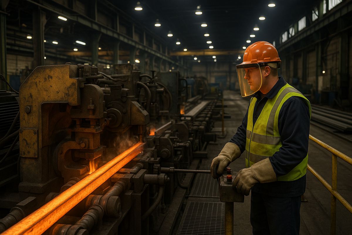 Worker operating steel processing equipment at a manufacturing insurance facility in Bristol, Pennsylvania