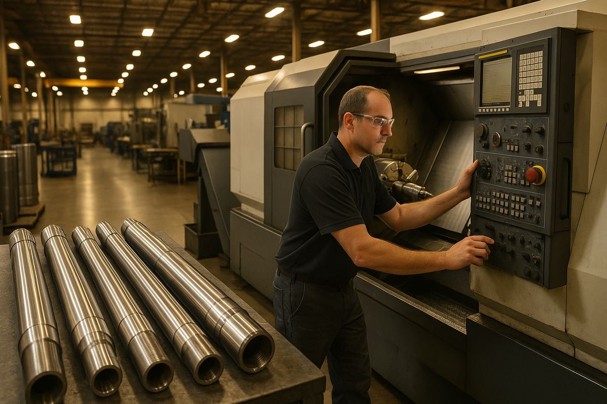 Worker operating precision energy-equipment manufacturing machinery at a facility in Carrollton, Texas
