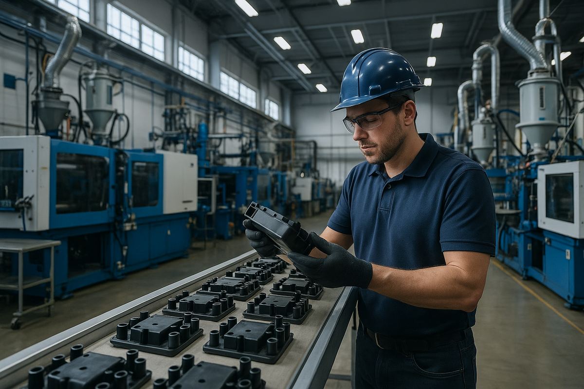 Worker operating plastics processing equipment at a manufacturing insurance facility in Collierville, Tennessee