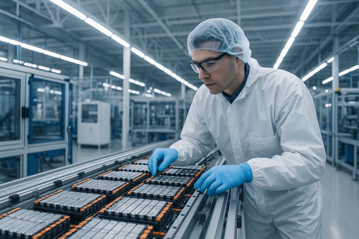 Worker operating battery cell manufacturing equipment at a facility in Columbia, Tennessee