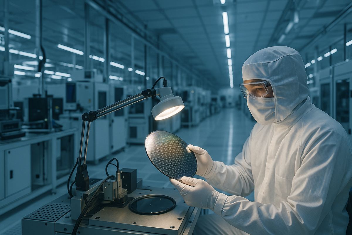 Worker operating semiconductor chip manufacturing equipment at a facility in Dallas, Texas