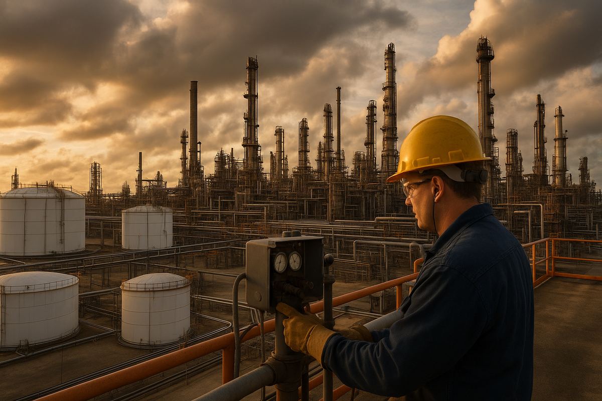 Worker operating petrochemical processing equipment at a manufacturing facility in Deer Park, Texas