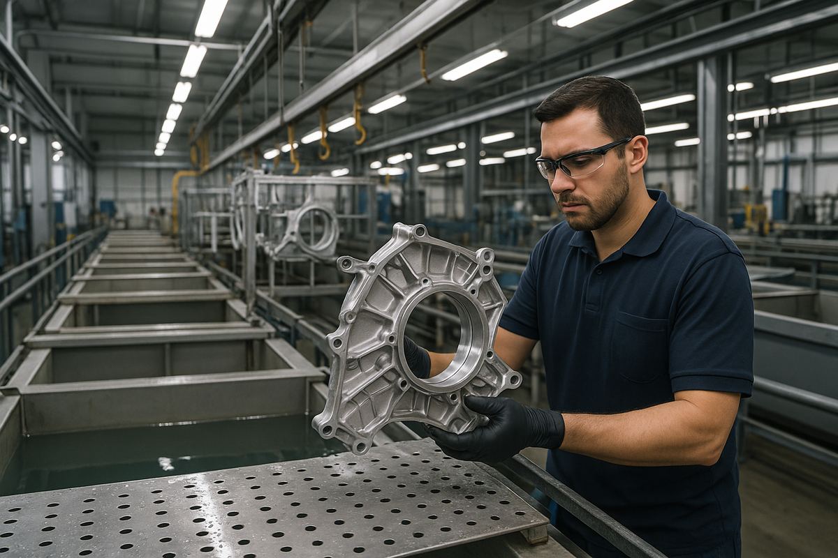 Worker operating aerospace metal finishing equipment at a manufacturing facility in Del Rio, Texas