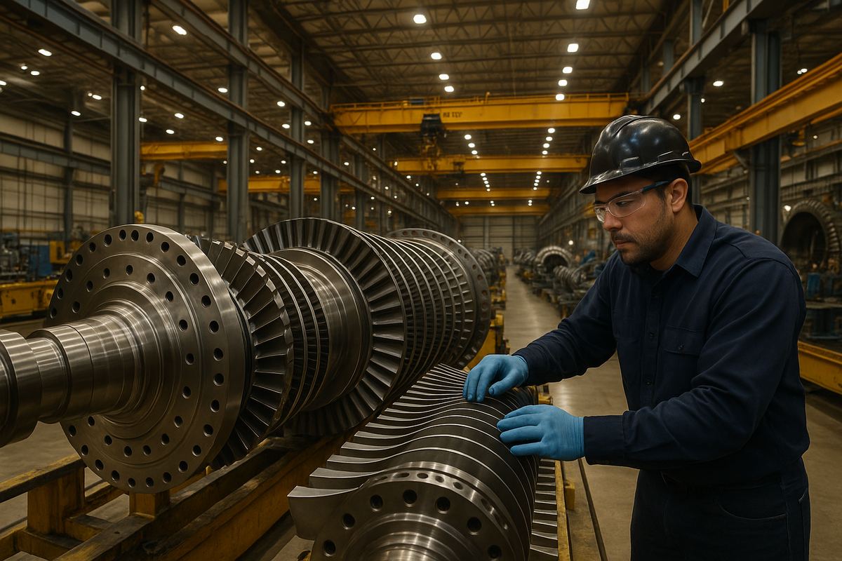 Worker operating industrial gas turbine manufacturing equipment at a facility in DeSoto, Texas