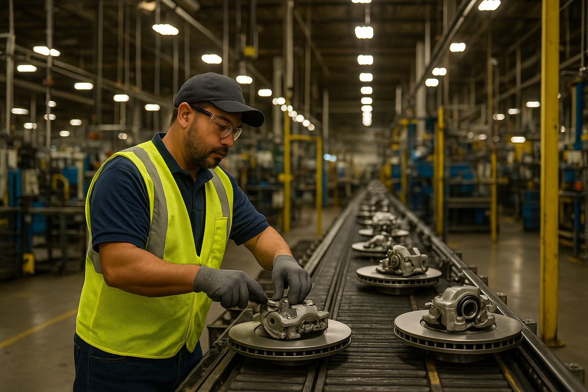 Worker assembling automotive brake components at a manufacturing insurance facility in Elizabethtown, Kentucky