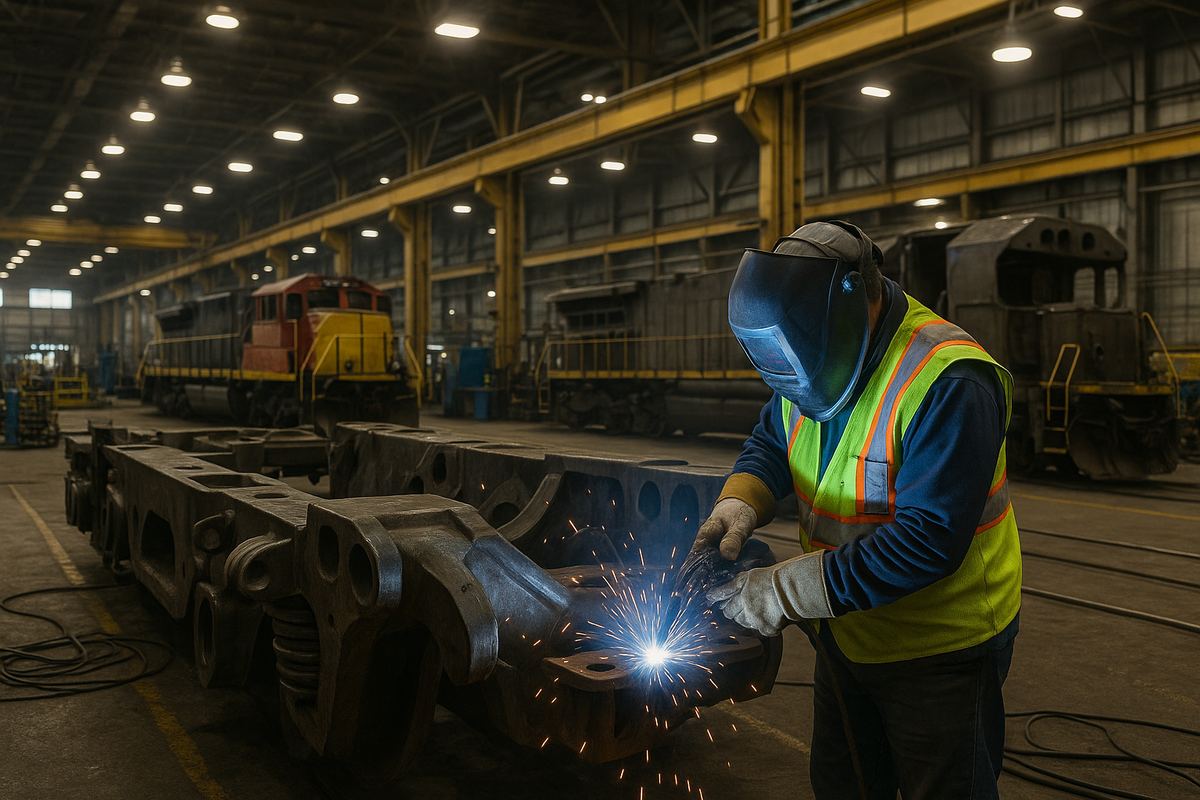 Worker fabricating locomotive components at a manufacturing insurance facility in Erie, Pennsylvania