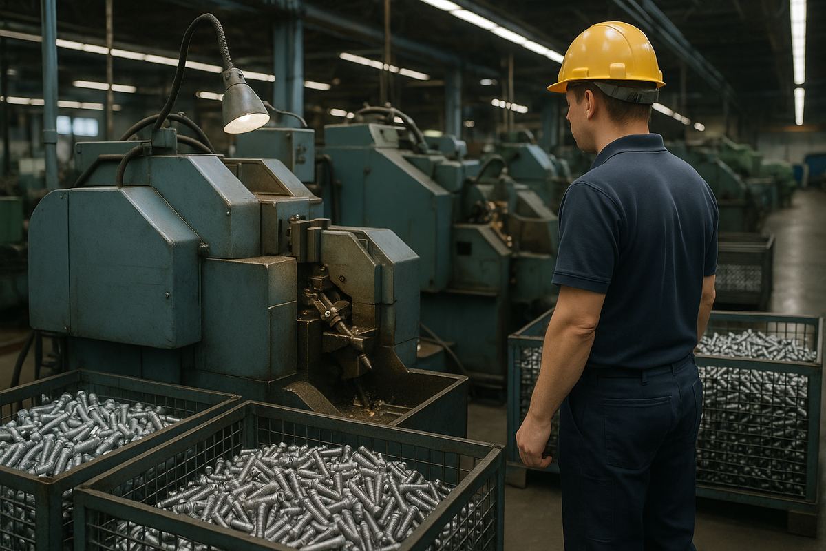 Worker monitoring a cold-heading machine in a fastener manufacturing plant