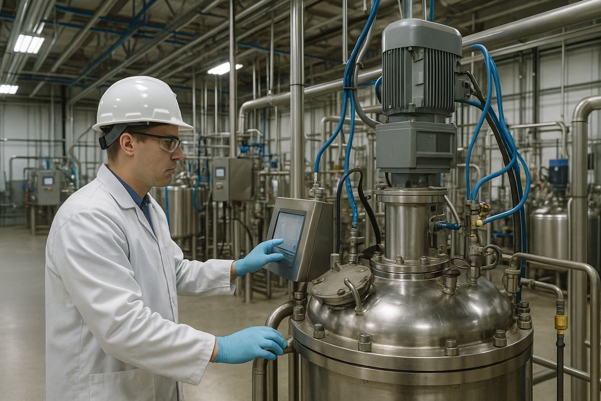 Worker monitoring industrial processing equipment at a manufacturing insurance facility in Florence, Kentucky