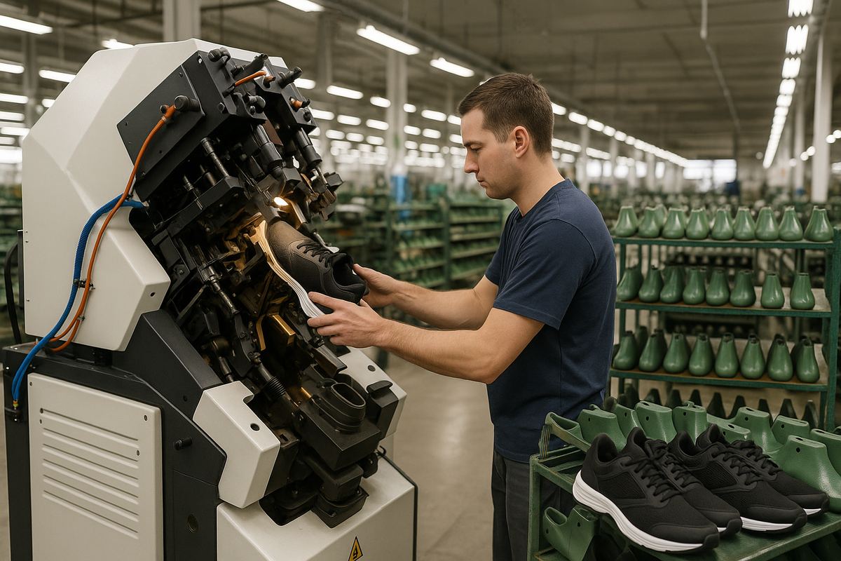 Worker operating a stitching machine on a footwear manufacturing production line