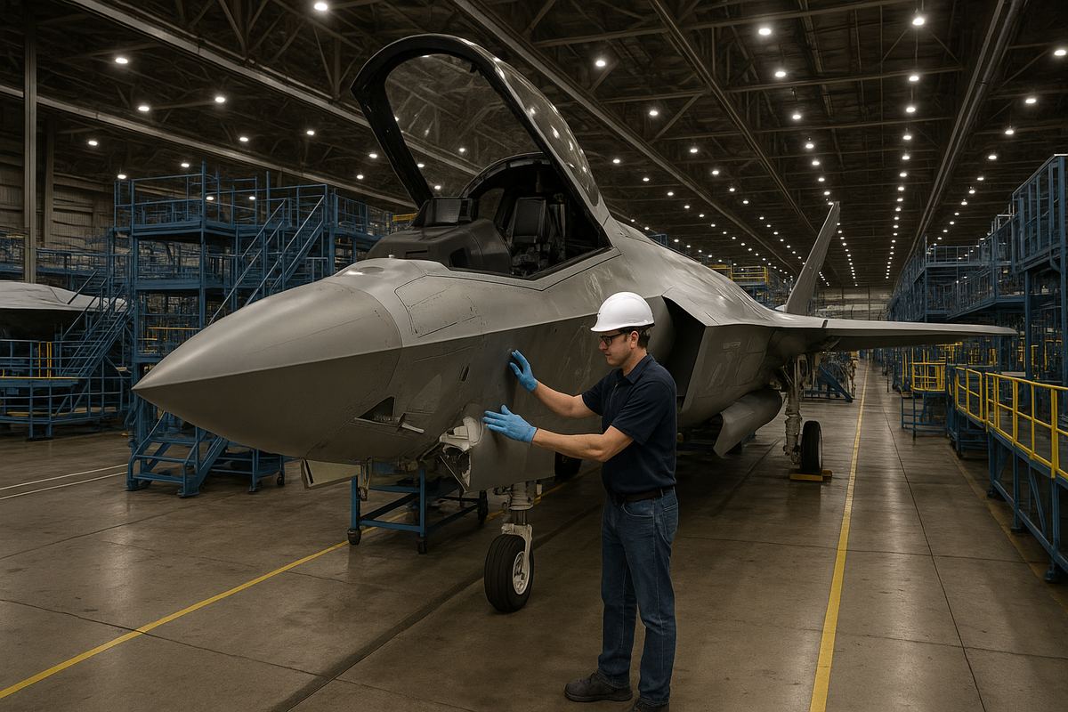 Worker operating fighter jet assembly equipment at a military aircraft manufacturing facility in Fort Worth, Texas