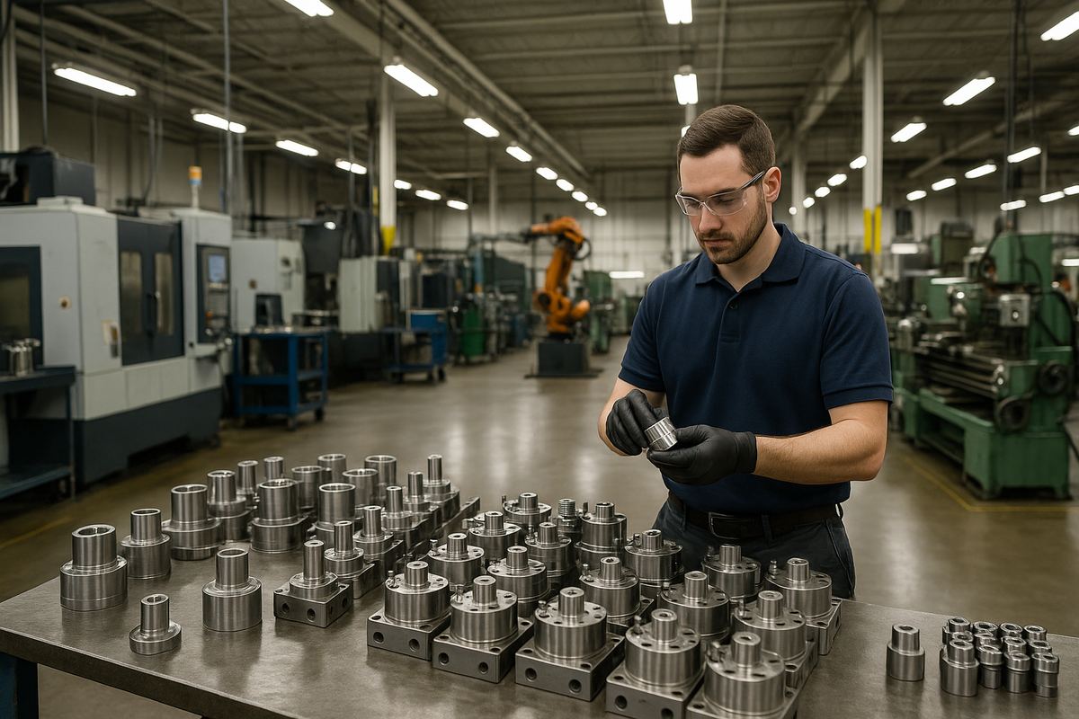 Technician operating engineered metal component manufacturing equipment at a manufacturing insurance facility in Frankfort, Kentucky