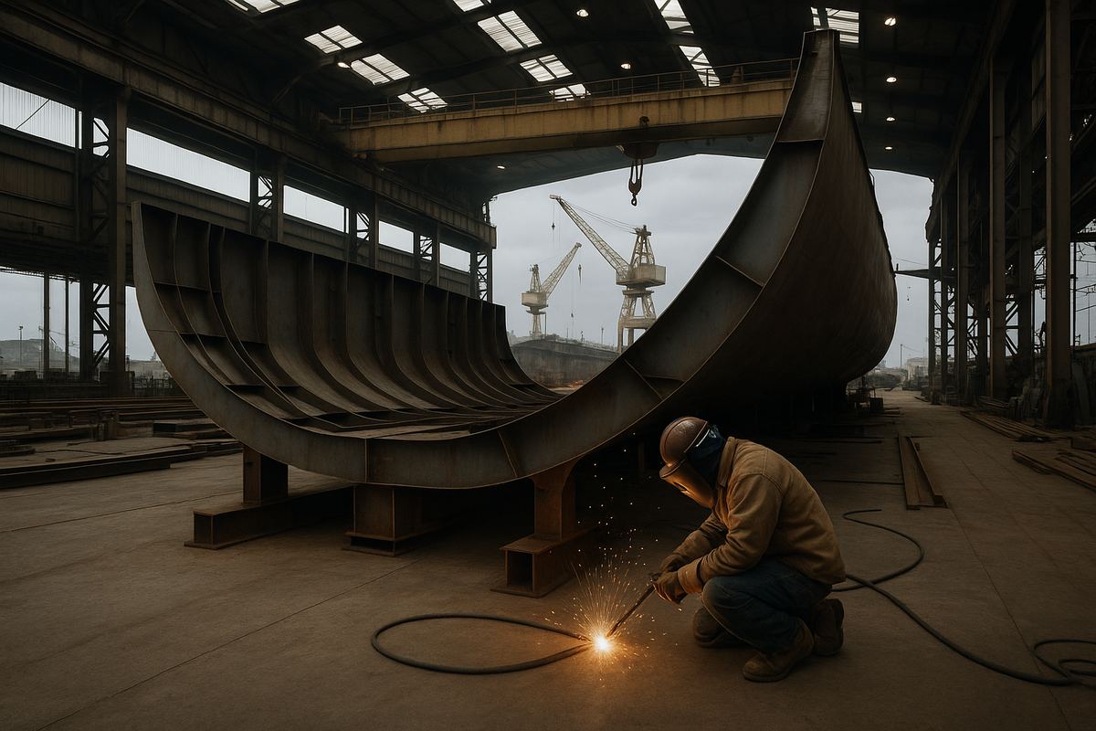 Worker operating shipyard fabrication equipment at a marine manufacturing facility in Galveston, Texas