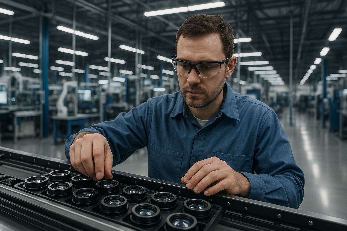 Worker operating defense-electronics manufacturing equipment at a facility in Garland, Texas