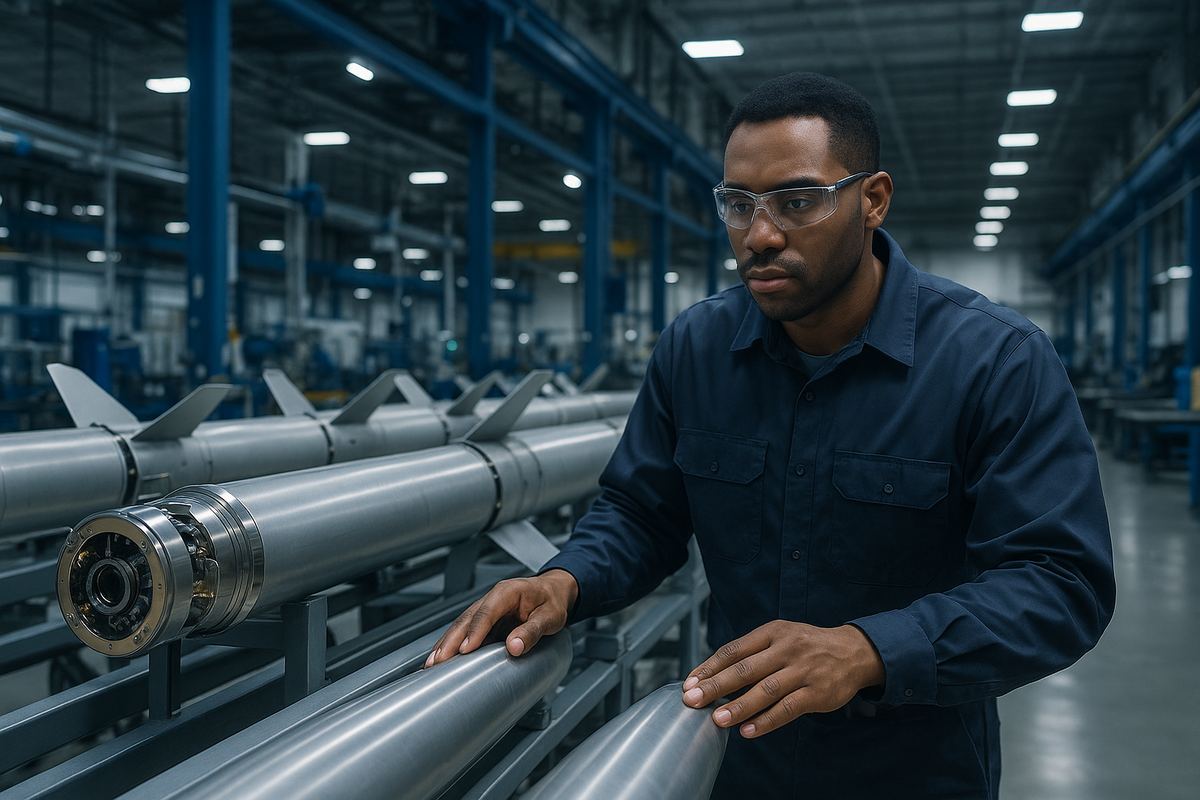 Worker operating missile systems manufacturing equipment at a defense facility in Grand Prairie, Texas