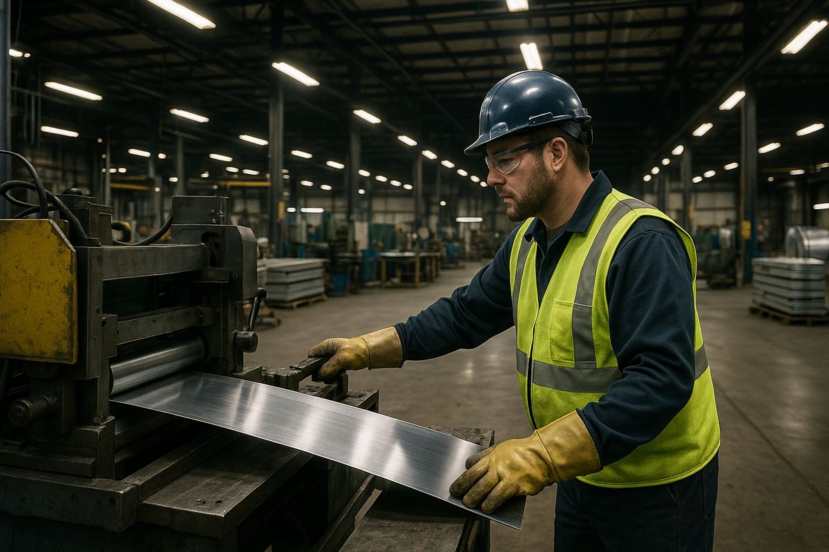 Worker operating aluminum processing equipment at a manufacturing insurance facility in Henderson, Kentucky