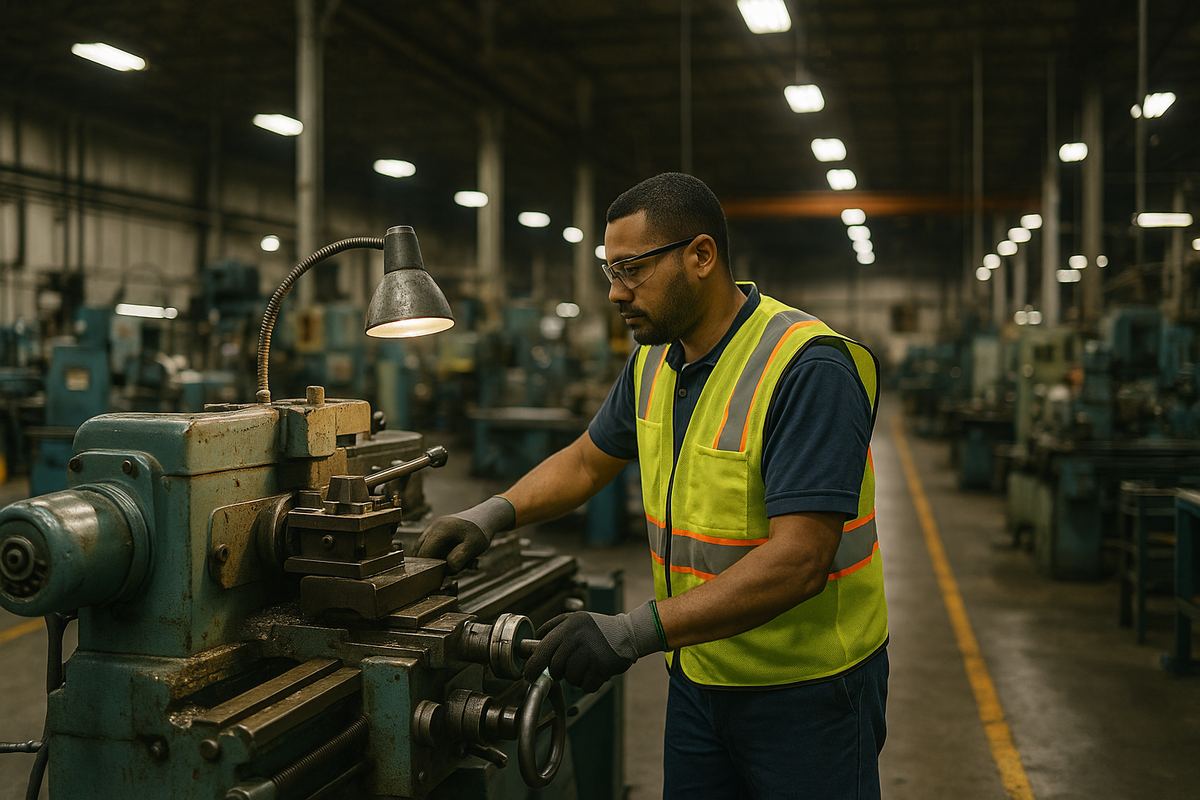 Worker operating manufacturing production equipment at a facility in Homewood, Alabama