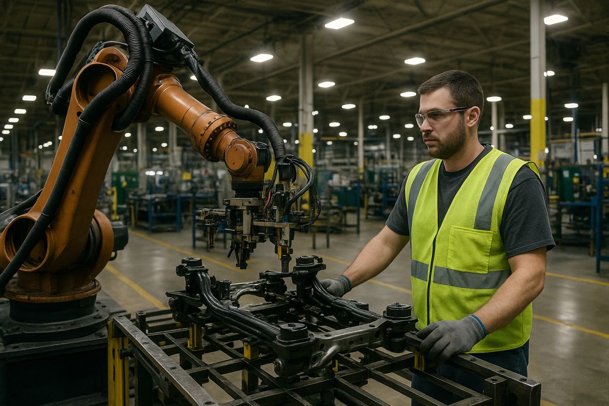 Worker assembling automotive components at a manufacturing insurance facility in Hopkinsville, Kentucky