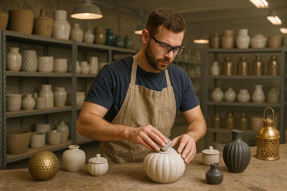 Worker finishing decorative home goods in a household products manufacturing workshop