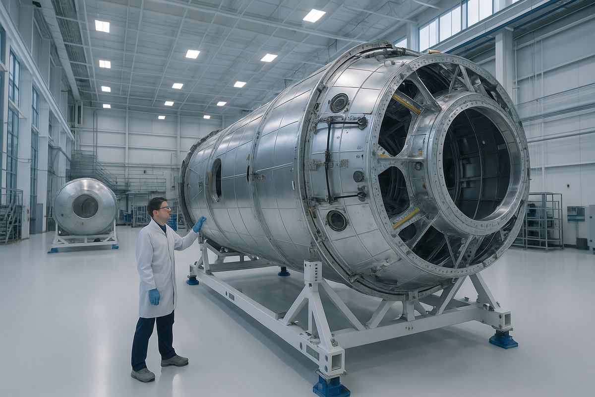 Technician assembling space station module components at a manufacturing facility in Houston, Texas