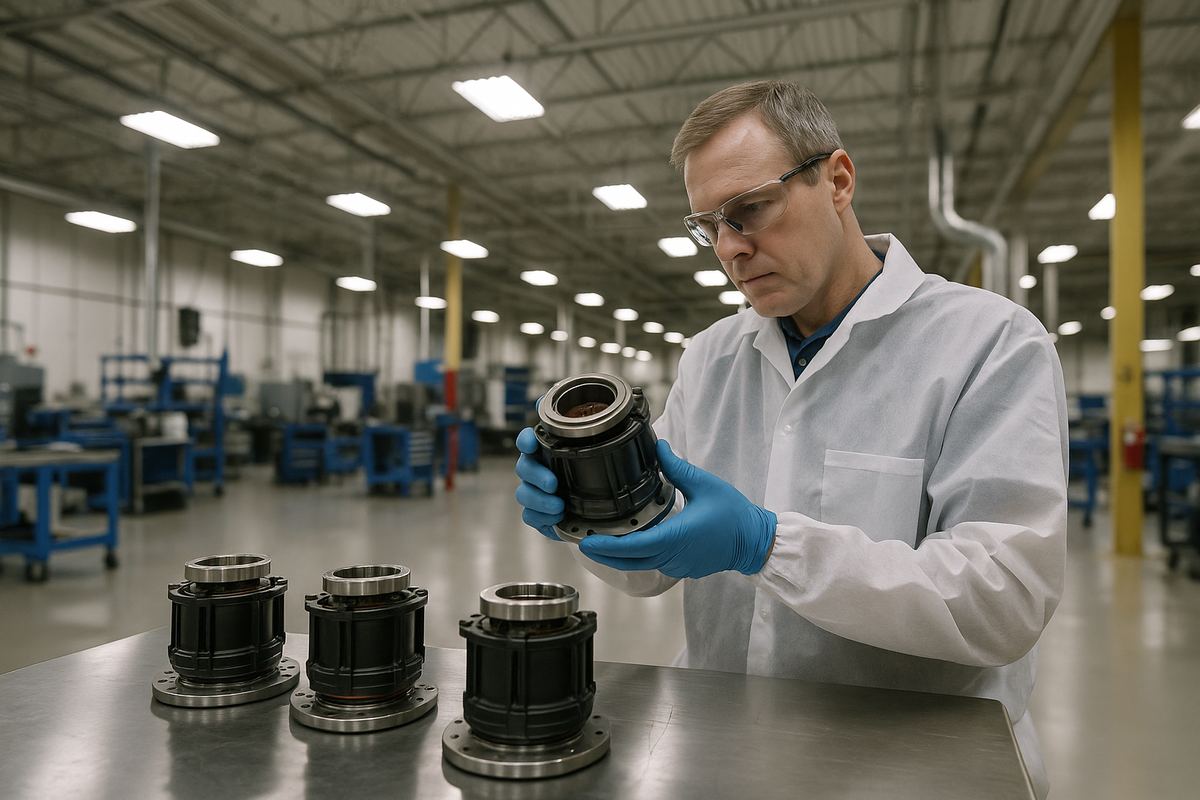 Technician inspecting precision aerospace component assemblies at a manufacturing insurance facility in Huntsville, Alabama
