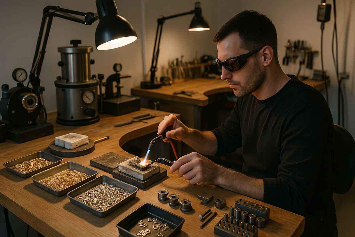 Jeweler working at a bench in a jewelry manufacturing workshop covered by manufacturing insurance