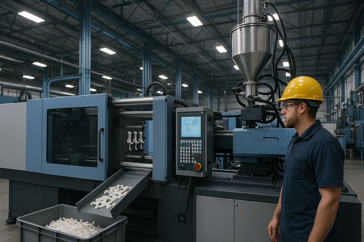 Worker operating plastics injection-molding equipment at a manufacturing facility in Kyle, Texas