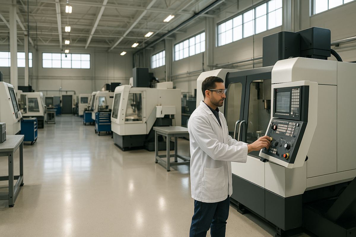 Technician operating a CNC precision machining center at an advanced manufacturing insurance facility in Livermore, California