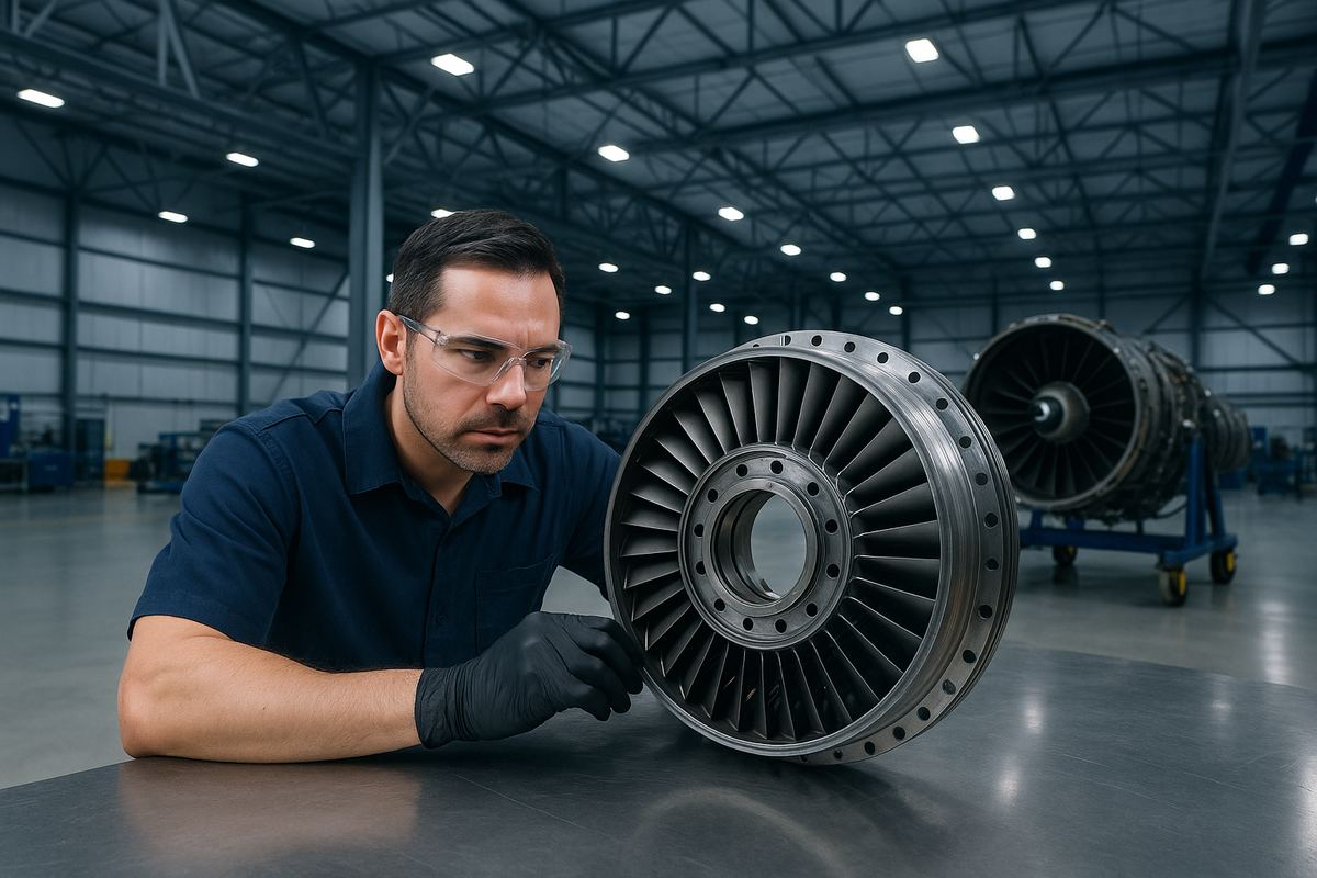 Technician repairing aircraft engine components at a manufacturing facility in McAllen, Texas