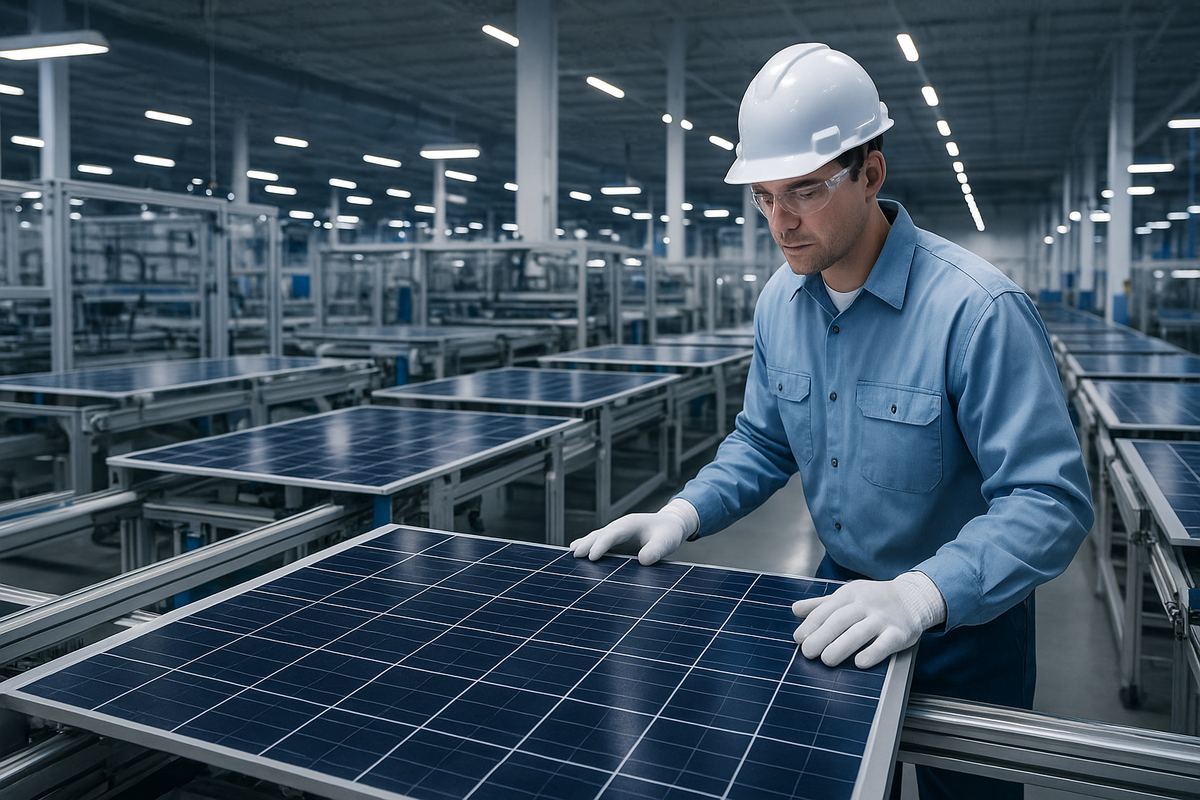 Worker operating solar panel manufacturing equipment at a facility in Mesquite, Texas