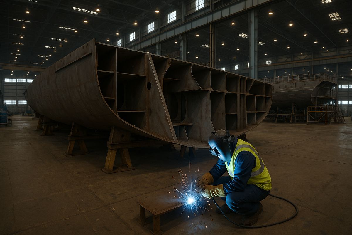 Worker welding a ship hull assembly at a manufacturing insurance facility in Mobile, Alabama