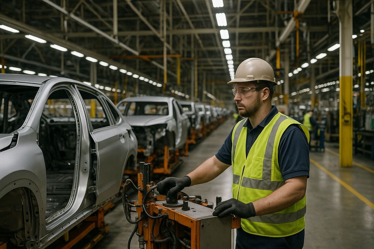 Worker operating automotive assembly line equipment at a manufacturing insurance facility in Montgomery, Alabama