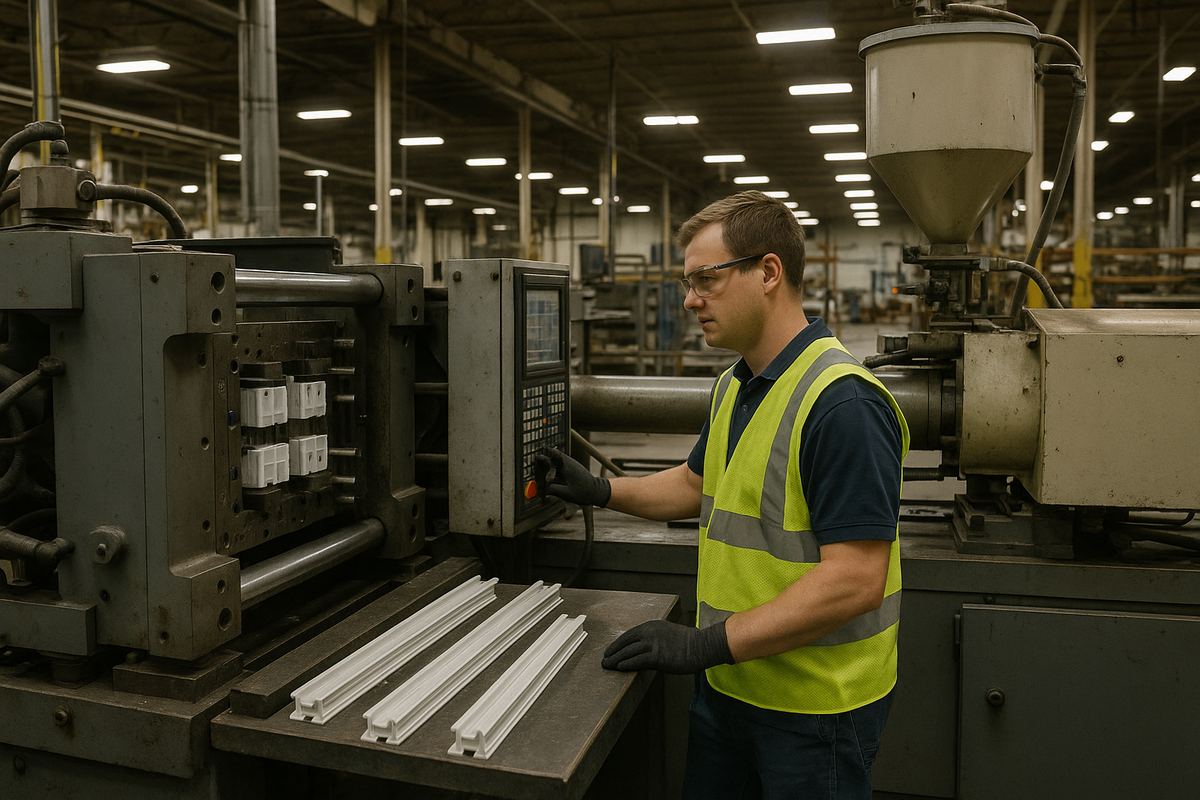 Worker operating tooling and injection-molding equipment at a manufacturing insurance facility in Murray, Kentucky