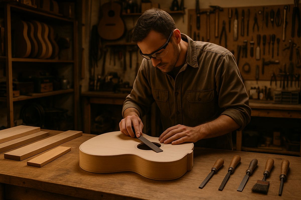 Luthier working on a stringed instrument in a musical instrument manufacturing workshop
