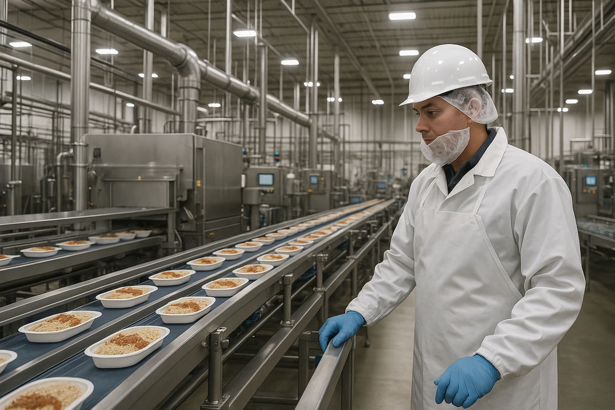 Worker operating food processing equipment at a manufacturing facility in North Richland Hills, Texas