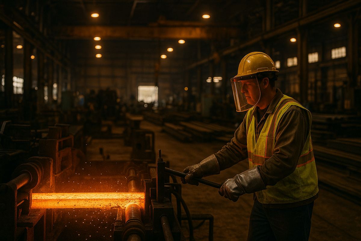 Worker operating steel processing equipment at a manufacturing insurance facility in Northport, Alabama