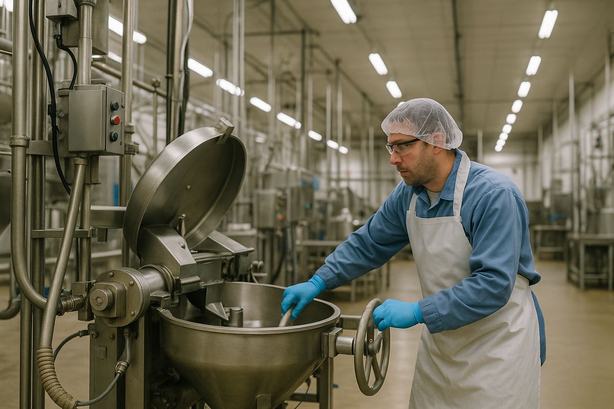 Worker operating food processing equipment at a manufacturing insurance facility in Opelika, Alabama
