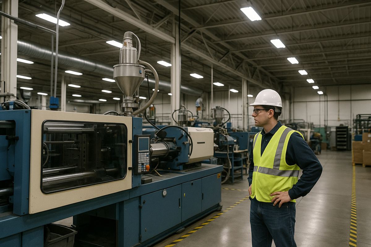 Worker inspecting plastics injection-molding equipment at a manufacturing insurance facility in Owensboro, Kentucky