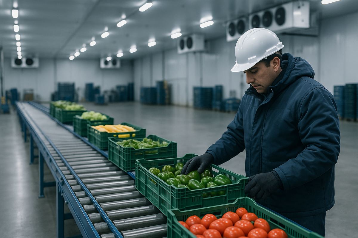 Worker operating cold storage produce processing equipment at a facility in Pharr, Texas