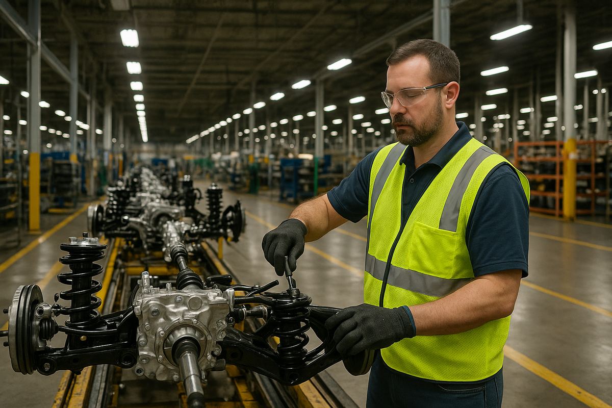 Worker assembling automotive components at a manufacturing insurance facility in Richmond, Kentucky