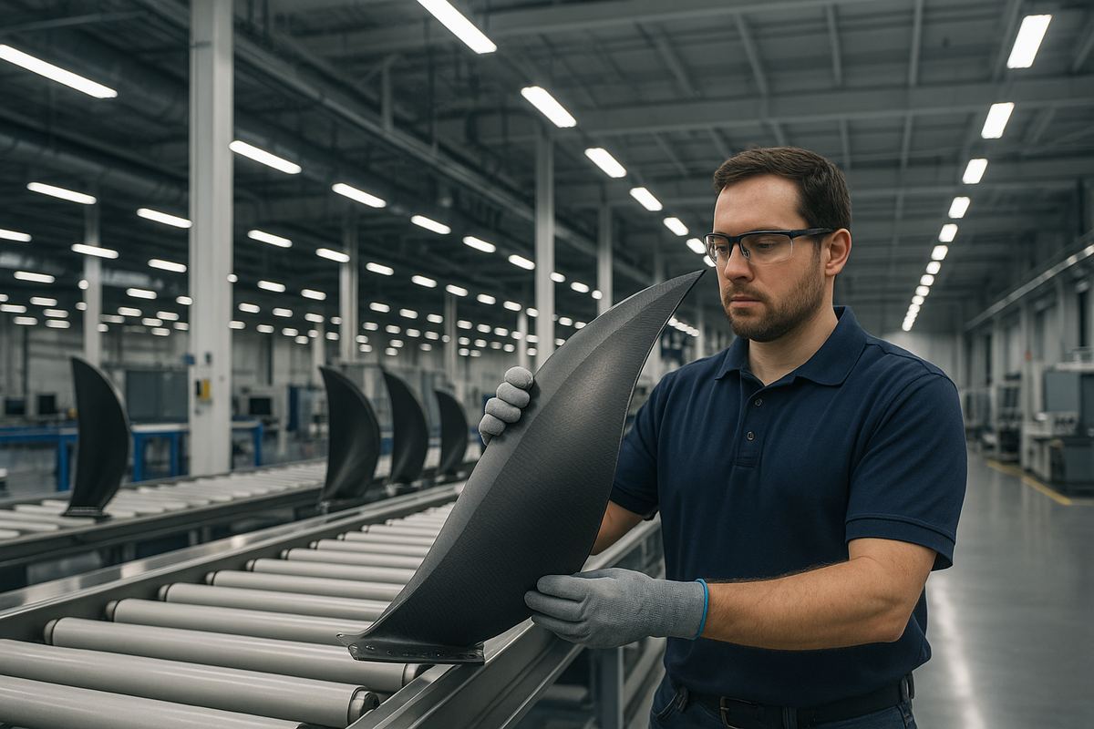 Worker operating aerospace composite fan blade manufacturing equipment at a facility in San Marcos, Texas