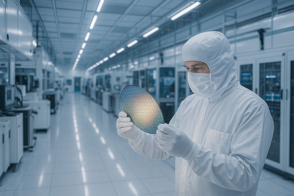 Technician operating semiconductor wafer fabrication equipment at a facility in Sherman, Texas