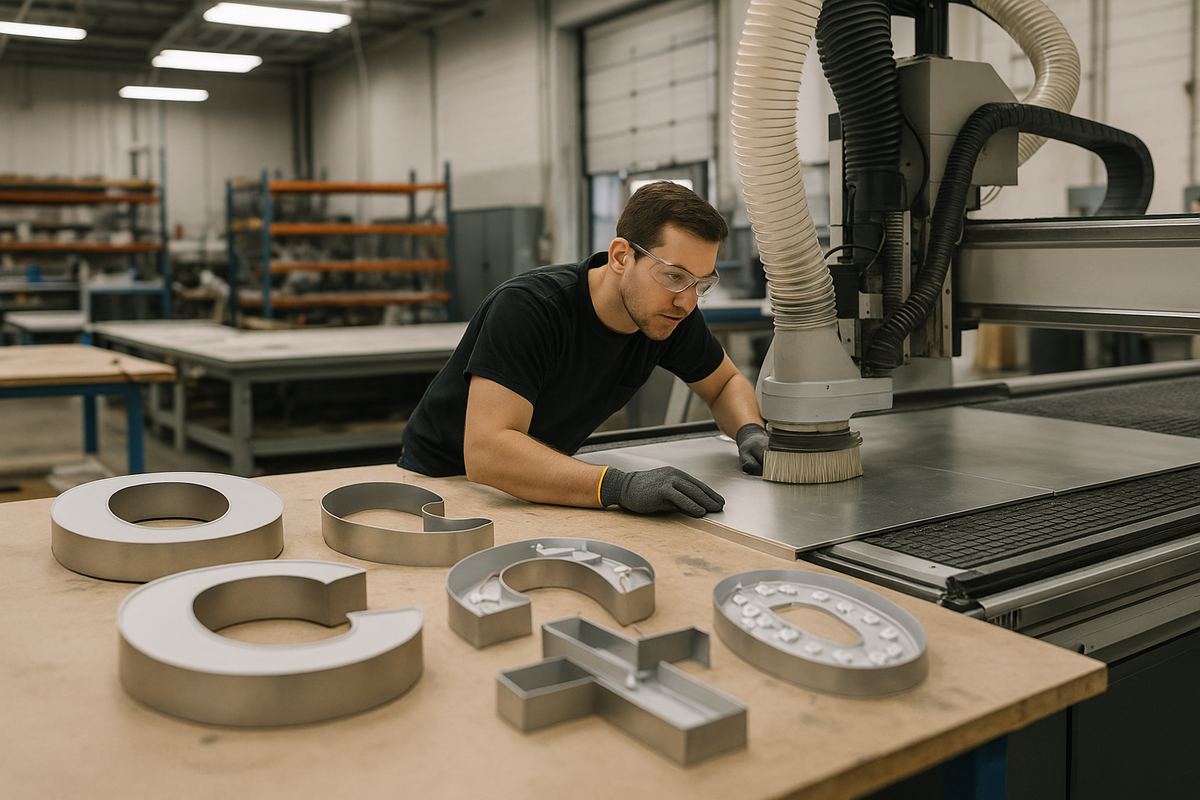 Worker operating a CNC router in a sign manufacturing shop