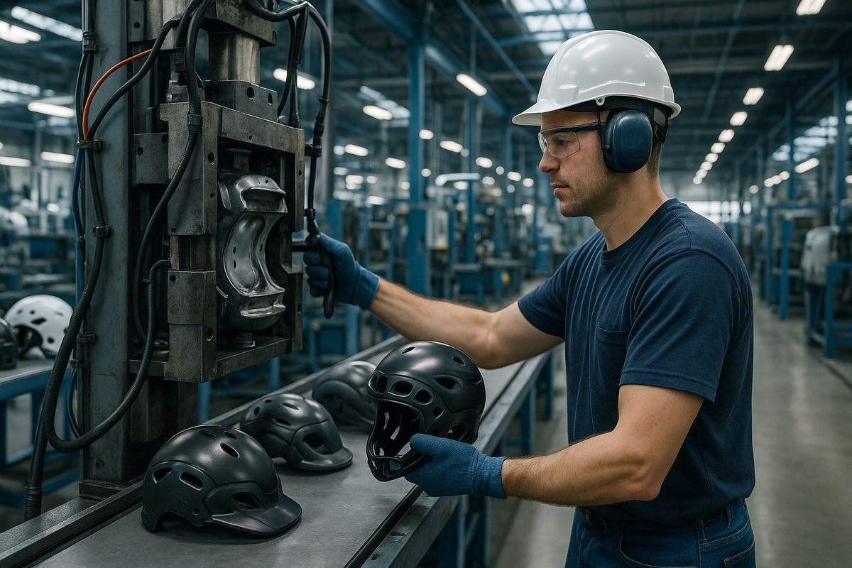 Worker operating molding equipment in a sporting goods manufacturing facility