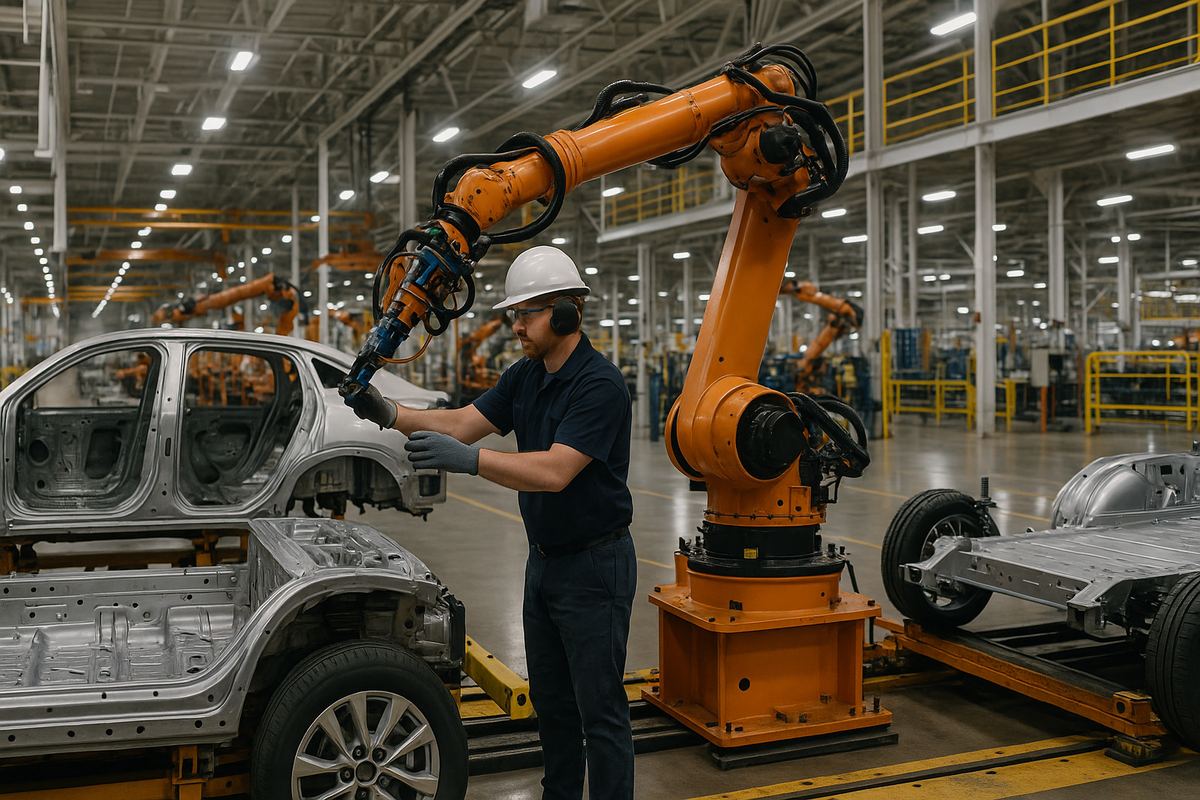 Worker operating automotive assembly line equipment at a manufacturing insurance facility in Spring Hill, Tennessee